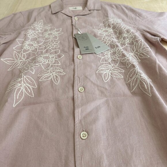 NWT Folk Men's Linen Blend Shirt Tropical Pale Pink White M NEW Short Sleeve - Picture 2 of 8